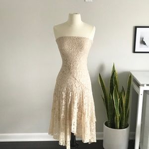 Strapless lace asymmetrical hem designer dress